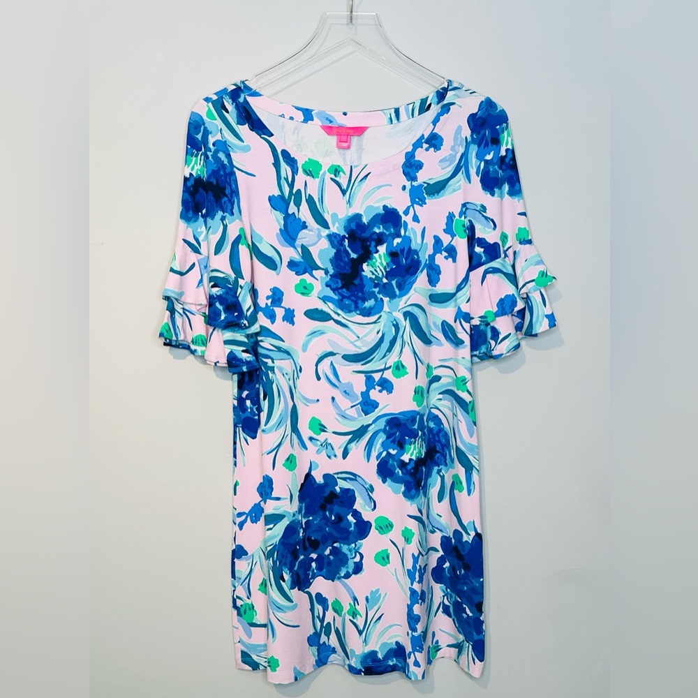 Lilly Pulitzer Lula Pink Tropics Sweet Pea Floral Print Ruffle Sleeve Dress Sz S - Picture 2 of 14